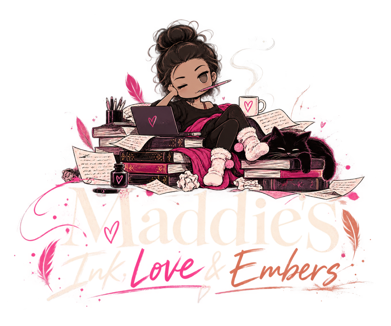 Maddie’s Ink, Love & Embers — une autrice au chignon, entourée de livres, avec son chat.